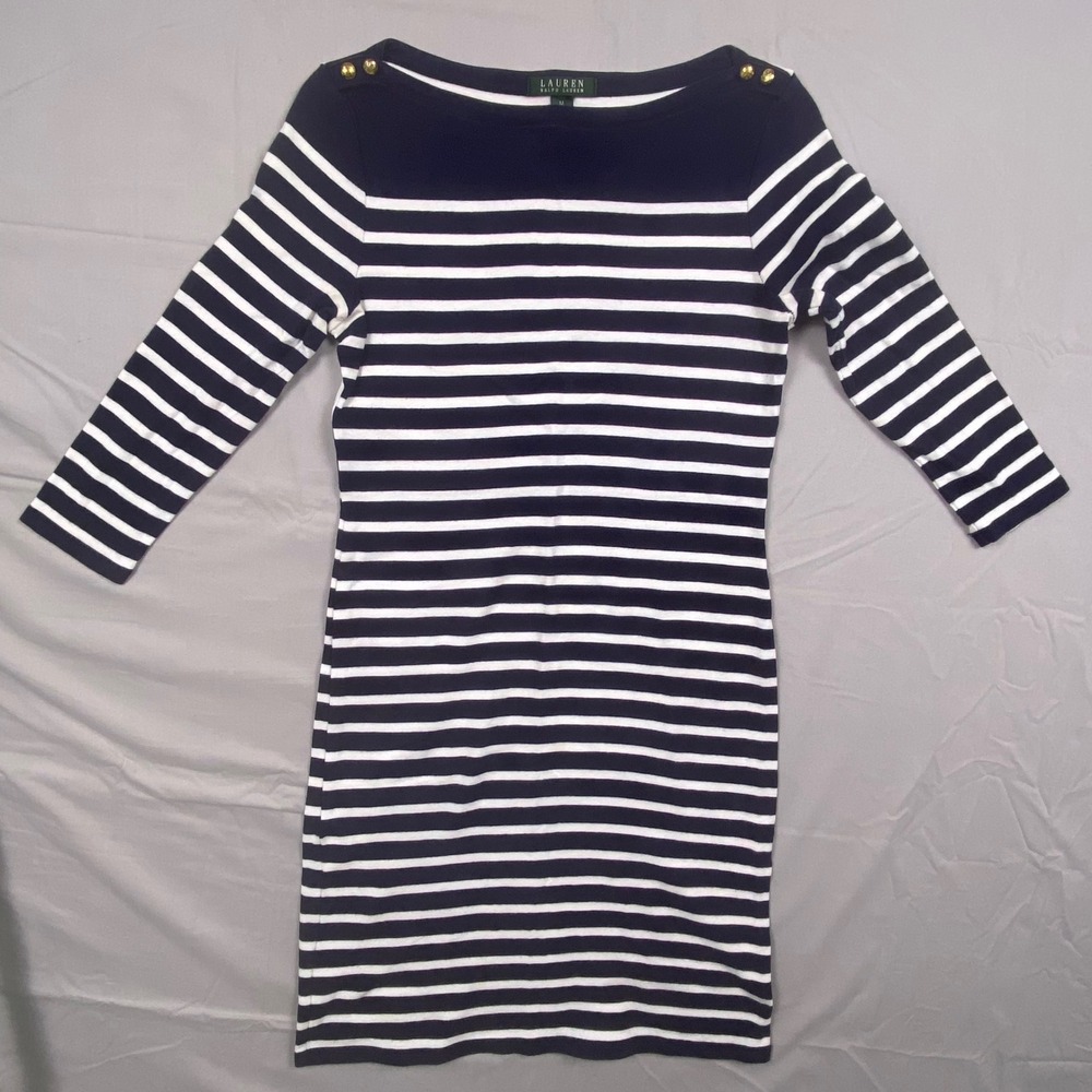 Lauren Ralph Lauren Striped Boat Neck Dress Womens Medium Navy White Gold Button